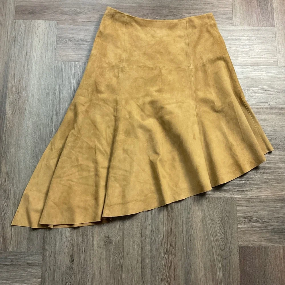 Vintage Y2K Armani‎ Exchange Genuine Suede Asymmetrical Hem Skirt 4 Camel Tan